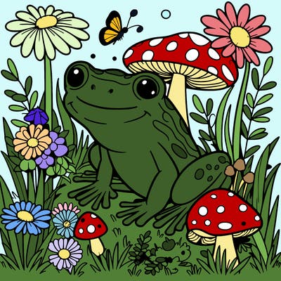 frog in field with flowers and mushrooms