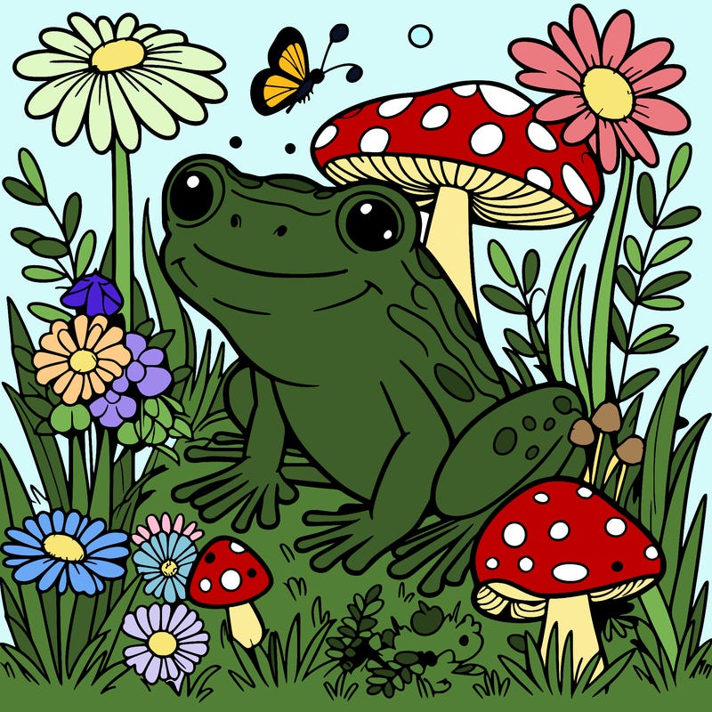 frog in field with flowers and mushrooms