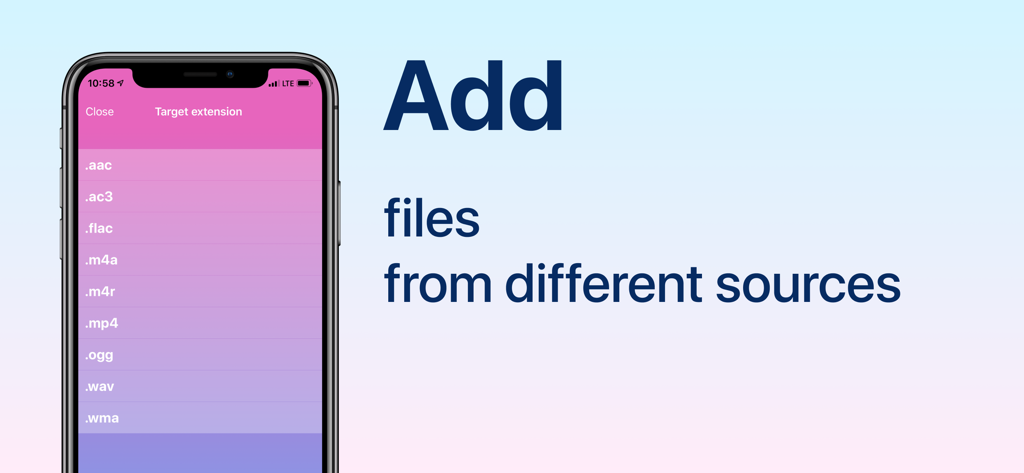Mobile interface of an audio converter app displaying a list of target file extensions for conversion