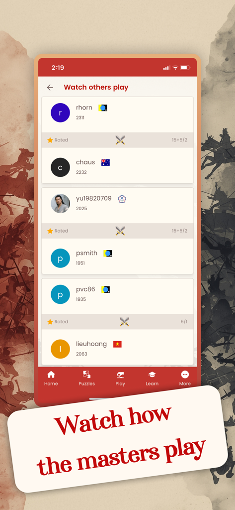 Xiangqi Chinese Chess Online - Una pantalla de aplicación móvil que muestra una lista de partidas en vivo con jugadores de alta puntuación y el título Mira cómo juegan los maestros.