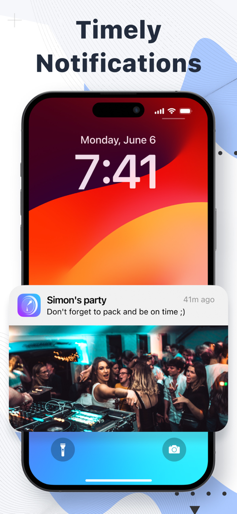 Event Countdown – Day Counter - Una pantalla de bloqueo de iPhone que muestra una notificación oportuna de la app Event Countdown para una fiesta con un recordatorio y una foto del evento.