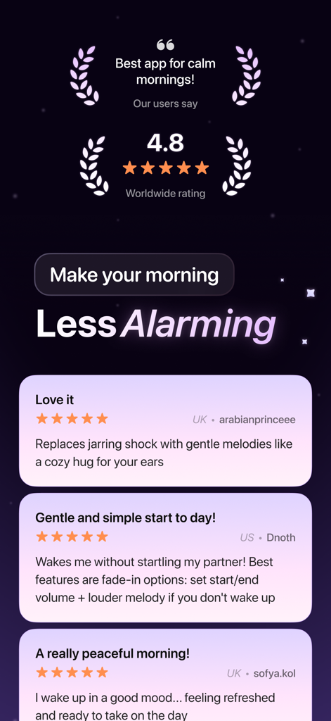 Wonderwake: Gentle Alarm Clock - Reseñas de usuarios y calificación de 4.8 estrellas para la aplicación de despertador suave Wonderwake.