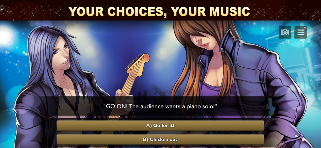 Gameplay screenshot of Is It Love Colin showing a choice between performing a piano solo or backing out during a concert