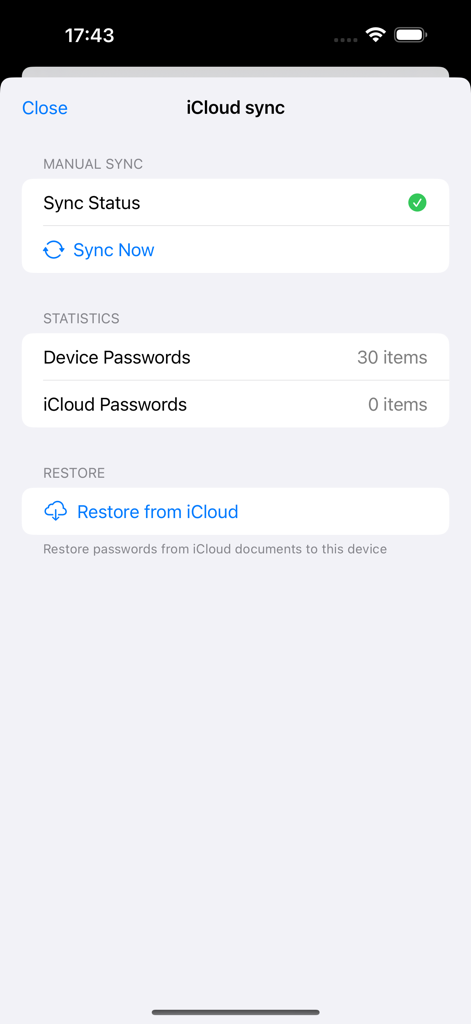 Interface de configurações de sincronização e restauração do iCloud no Gerenciador de Senhas Secure Vault