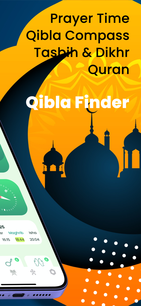 Muslim AI app screen displaying Qibla finder prayer times and mosque silhouette