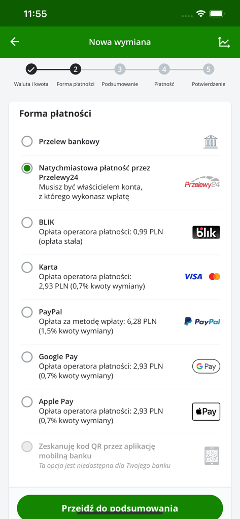 Schermata di selezione del metodo di pagamento per il cambio valuta nell'app InternetowyKantor.pl.