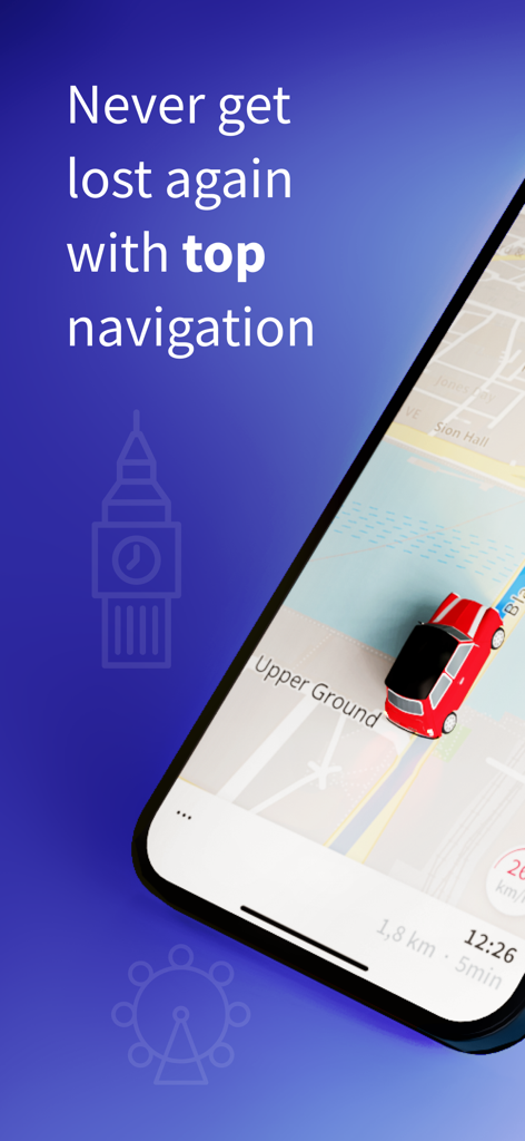 Sat Nav Maps, GPS & Traffic - Interfaz de navegación de la aplicación Karta GPS que muestra un coche rojo en un mapa 3D