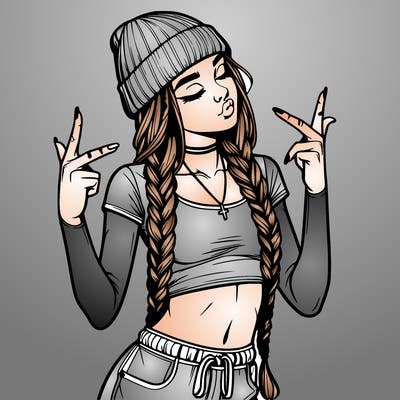 realistic teenage girl with braids and a beanie and crop top doing 🫶🏼