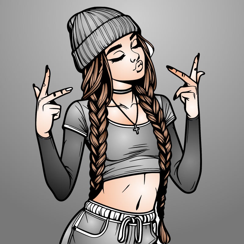 realistic teenage girl with braids and a beanie and crop top doing 🫶🏼