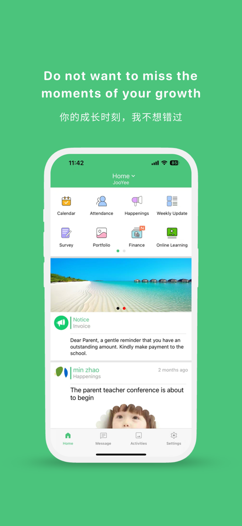 Home screen of the DiiBear app for parents showing school management tools and student activity updates