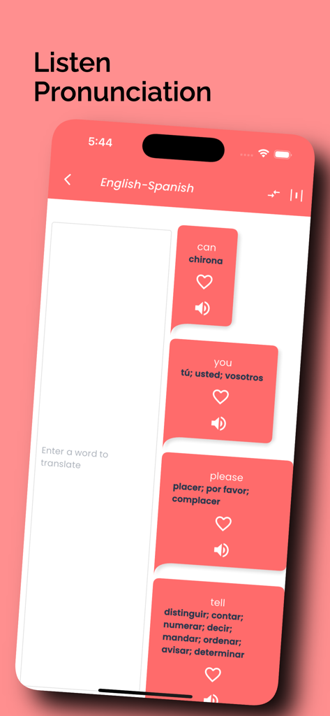Spanish translator Offline! - A mobile screen showing English to Spanish translations for common words with pronunciation buttons.