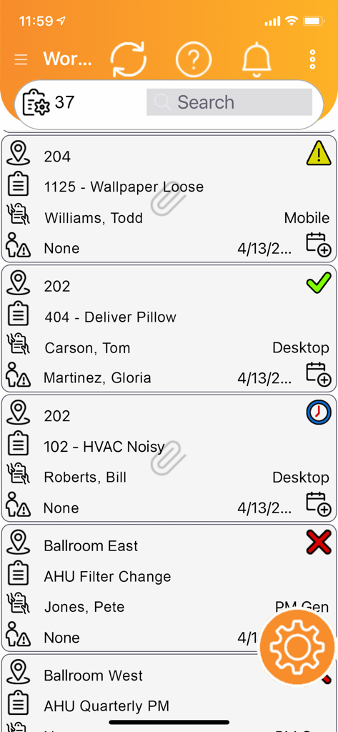 Inigma - Mobile interface of the Inigma app displaying a list of maintenance work orders including task descriptions and assigned staff