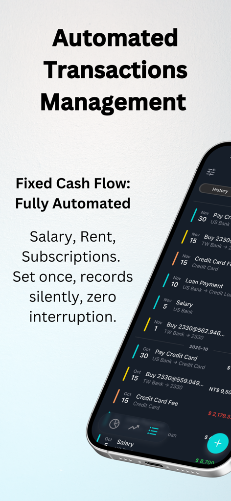 Dashboard dell'app Synx che mostra transazioni automatizzate e monitoraggio fisso del flusso di cassa