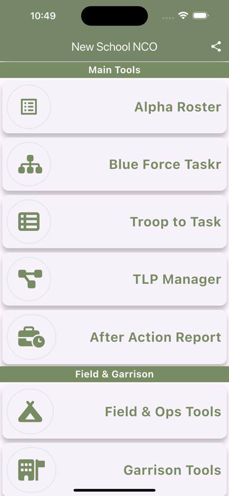 Army NCO Tools & Guide - Menu principal do aplicativo Ferramentas e Guia do NCO do Exército exibindo ferramentas de liderança e gerenciamento para pessoal militar.