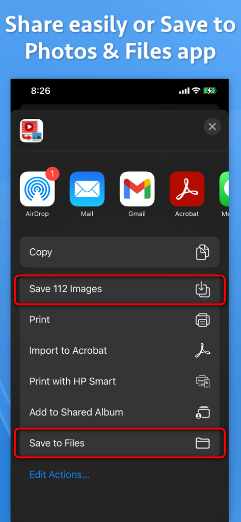 Video to Images Extractor - Interfaz que muestra opciones para guardar múltiples imágenes extraídas en las aplicaciones Fotos y Archivos de iOS
