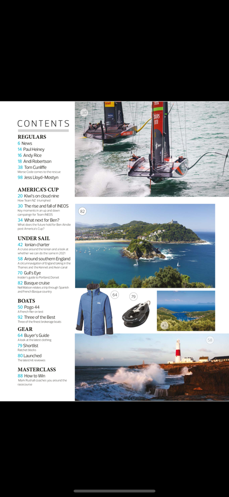 Página de índice da revista Yachts and Yachting com artigos sobre equipamentos de regatas de vela e masterclasses.