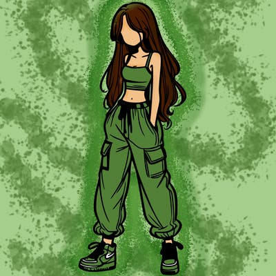 girl in baggy pants crop top and long hair