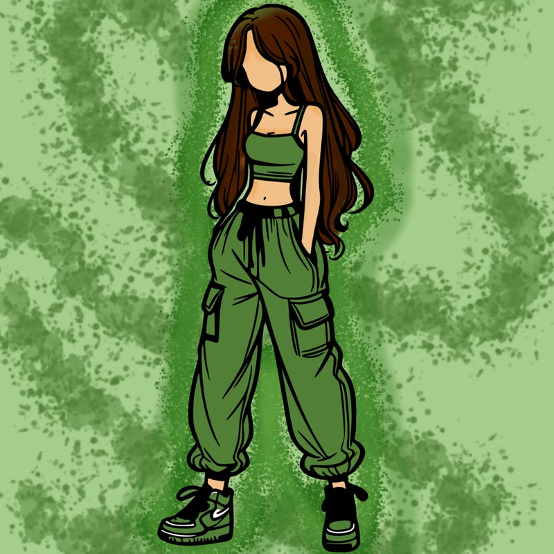 girl in baggy pants crop top and long hair
