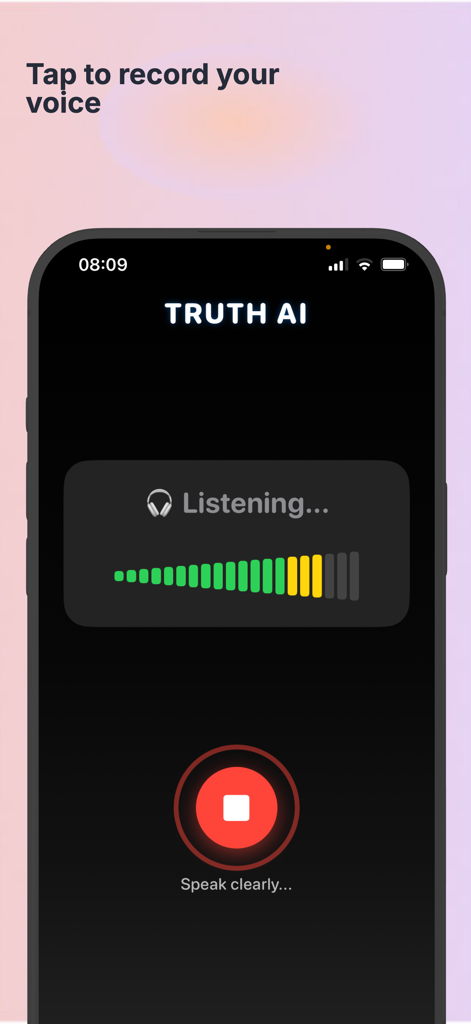 Truth AI app interface showing a voice recording screen with a listening indicator and a stop button