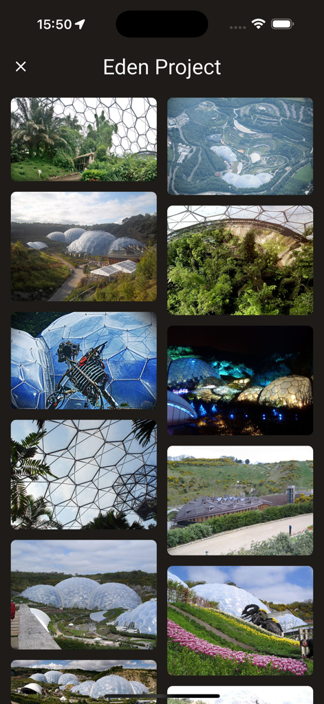 On the way: road trip app - A collection of photos showing the geodesic domes and lush plants at the Eden Project