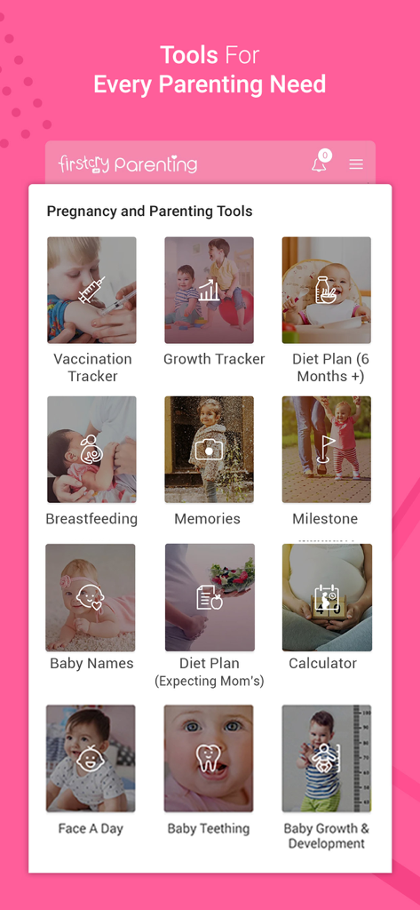 Screen showing FirstCry Arabia pregnancy and parenting tools including trackers and diet plans.