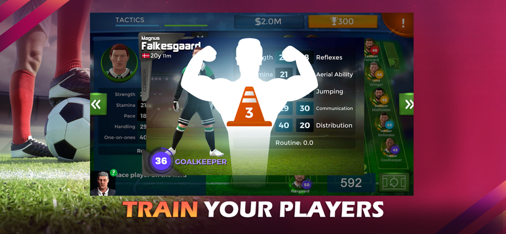 Captura de pantalla de Pro 11 Soccer Manager que muestra la interfaz de entrenamiento para un portero con varios atributos del jugador