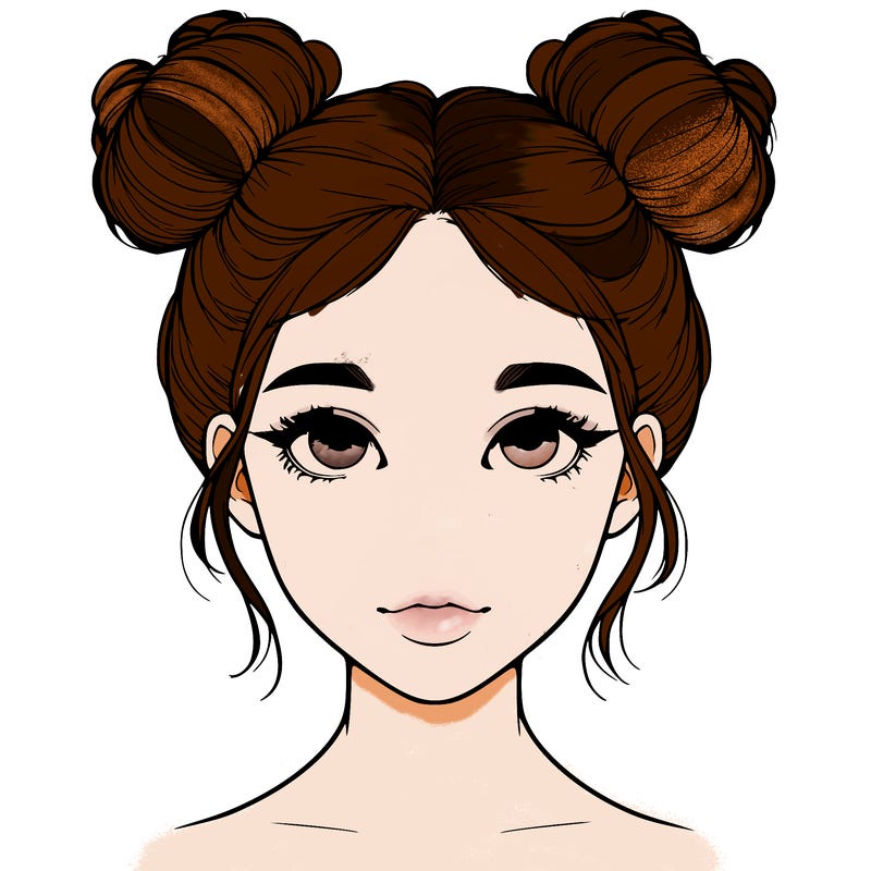 realistic girl with two buns on top of her head