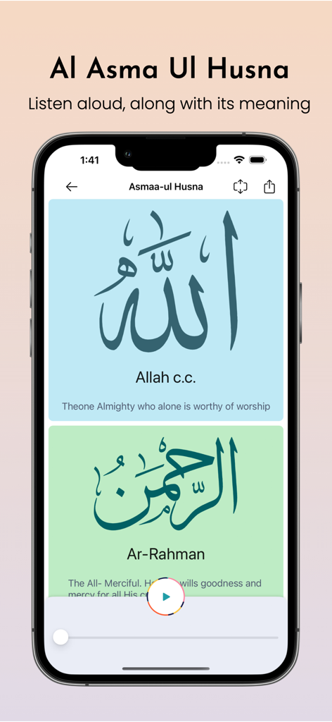Schermata dell'app islamica che mostra i 99 nomi di Allah (Al Asma Ul Husna) con i loro significati