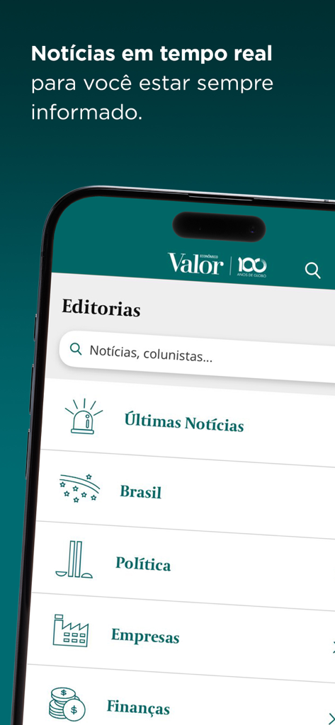 Valor Economico app interface showing editorial news categories like Brazil and Finance