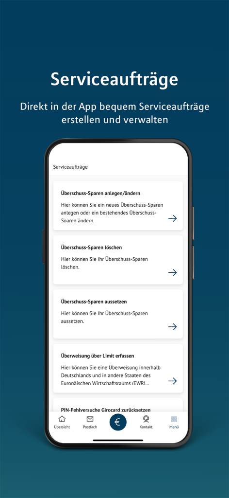MLP Banking - Screenshot des Bildschirms für Serviceaufträge der MLP Banking App mit Optionen für überschüssige Ersparnisse und Überweisungslimits auf Deutsch.
