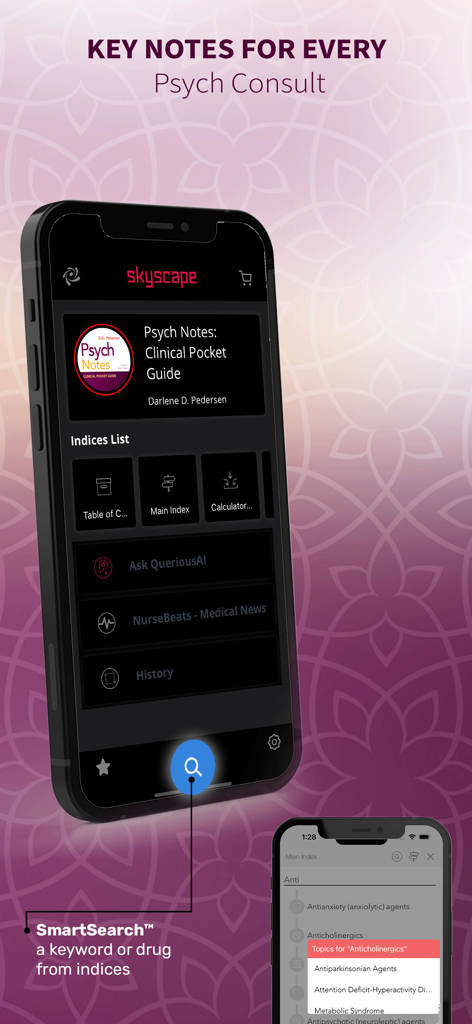 PsychNotes: Clinical Pkt Guide - PsychNotes mobile app showing the home screen and SmartSearch feature for quick access to clinical psychiatric information.