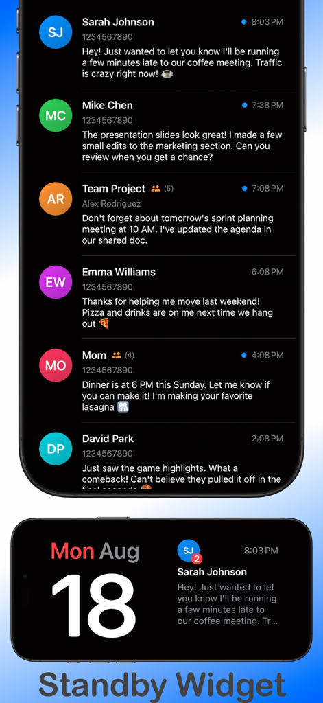 Widget for Messages - Screenshot of the Widget for Messages app showing a list of message previews and a view of the iOS StandBy mode widget with a message notification.