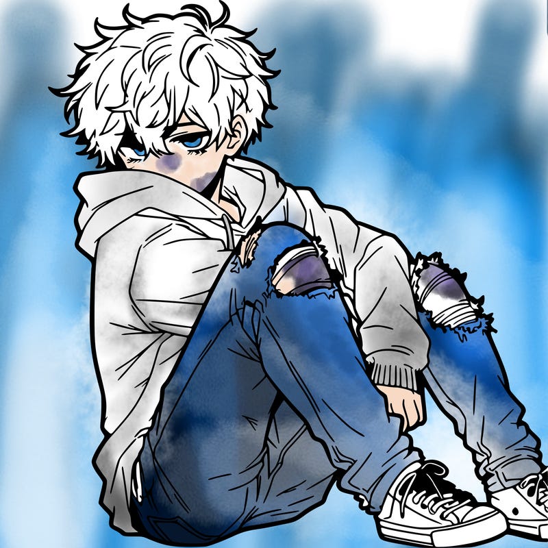 a male hoddie ripped jeans messy hair anime