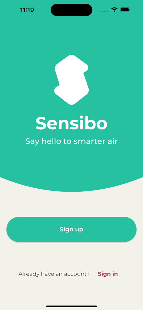 Sensibo - Sensibo app startup screen with logo and sign up button
