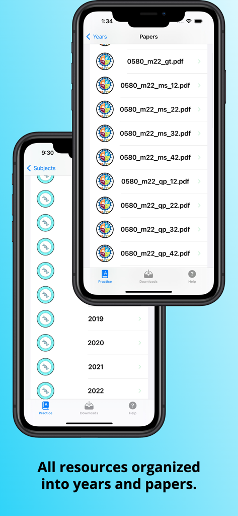 Telas do aplicativo móvel mostrando provas anteriores do IGCSE organizadas por ano de exame e listas específicas de arquivos PDF.
