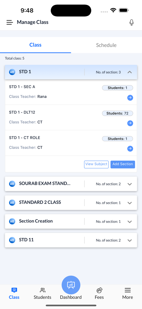 Proctur-Class Management App - Mobile app dashboard for managing educational classes and student sections within the Proctur platform