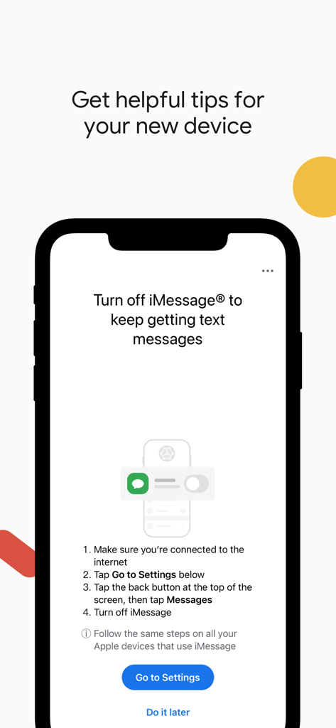 Android Switch - Una pantalla de la aplicación Android Switch que proporciona instrucciones paso a paso sobre cómo desactivar iMessage antes de migrar a un nuevo dispositivo Android.