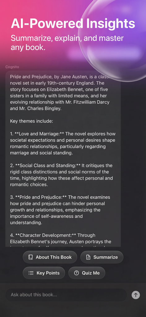 Cognito: AI Reading Companion - Cognito App-Oberfläche, die KI-gestützte Bucheinsichten und eine Zusammenfassung von Pride and Prejudice zeigt.