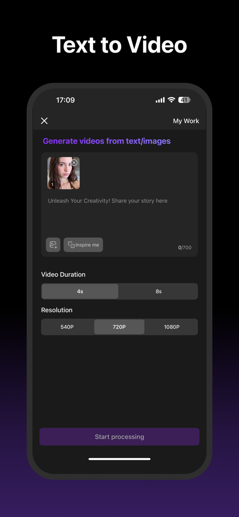 Interface pour générer des vidéos à partir de texte et d'images dans l'application Créateur de Vidéo IA