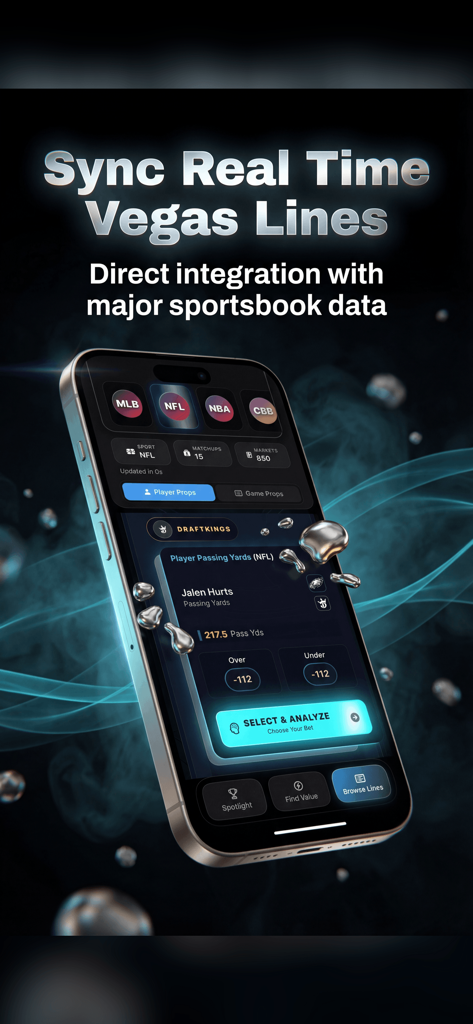 DeepChamp AI: Sports Betting - Interfaz de la aplicación DeepChamp AI mostrando líneas de Vegas en tiempo real y props de jugador de la NFL en un iPhone.