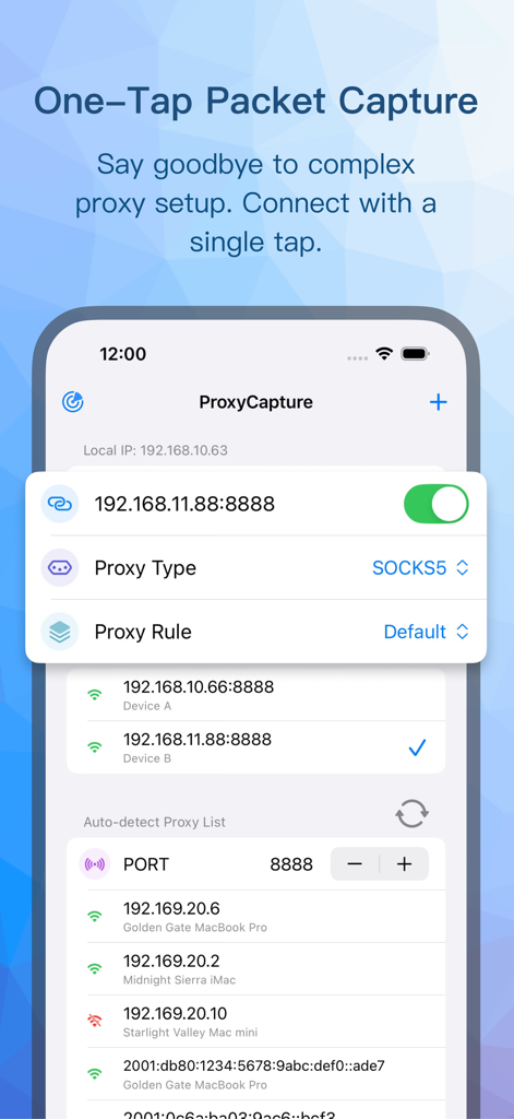 Proxy Capture - Interface of Proxy Capture app showing the one-tap packet capture feature and auto-detected local proxies