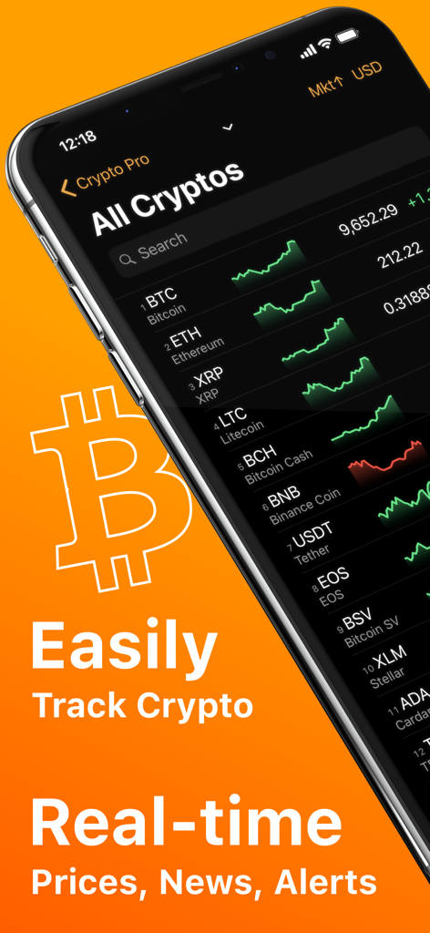 Crypto Pro: Live Coin Tracker - iPhone screen displaying the Crypto Pro app interface with real-time cryptocurrency prices and market charts