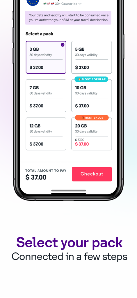 International eSIM data pack selection screen in the rova app