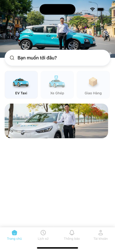 Pantalla de inicio de la aplicación EV Taxi con opciones de transporte y entrega