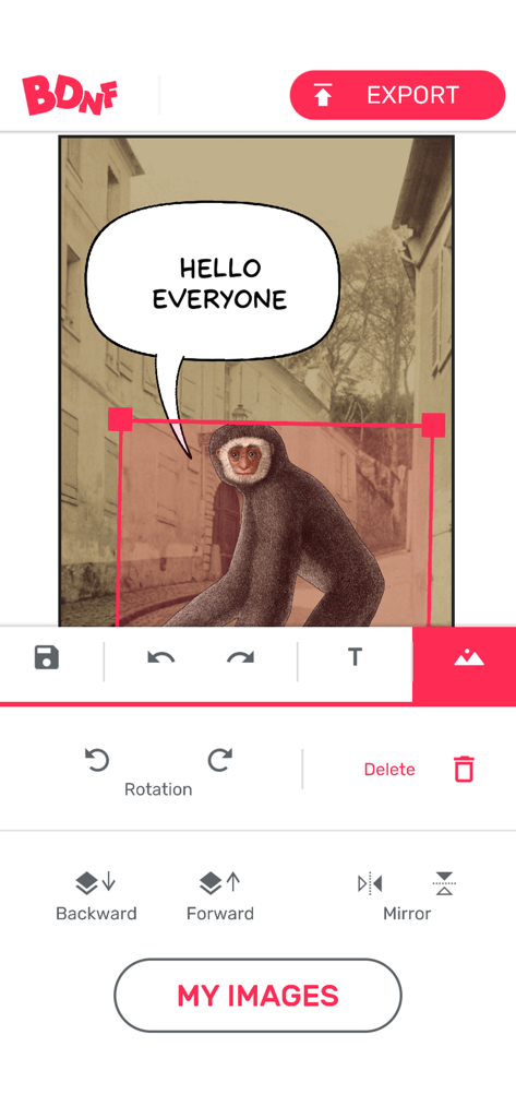 BDnF (light version) - Interface de l'application BDnF montrant les outils pour créer une planche de BD avec un personnage et une bulle de dialogue