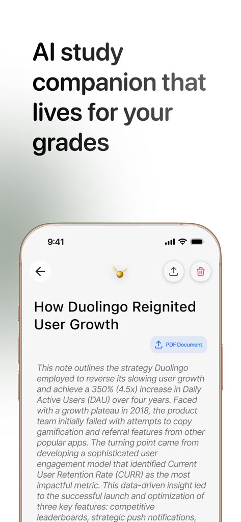 Interfaccia dell'app Snitchnotes che mostra un riassunto di appunti di studio generato dall'IA su uno schermo mobile.