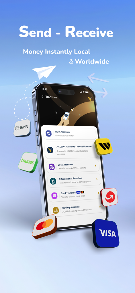 ACLEDA mobile - ACLEDA mobile app screen displaying money transfer options for local and worldwide transactions
