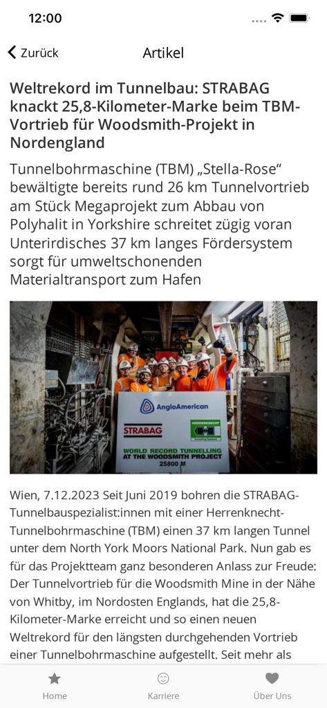 STRANEXT - STRANEXT app news article about STRABAG setting a world record in tunnel construction.