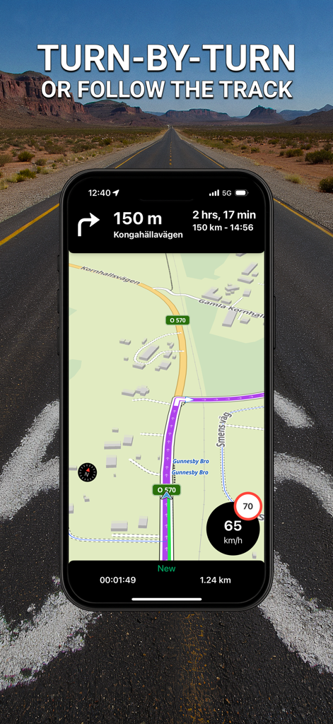 Stegra.io motorcycle GPS app interface showing turn-by-turn navigation and map tracking on a desert road background