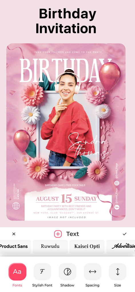 Invitation Card Maker . RSVP - Mobile interface showing a birthday invitation card design with floral elements and text editing tools